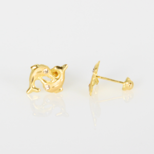 Broquel De Delfines Cruzados Oro 10k Arete Infantil