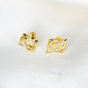 Broquel De Delfines Cruzados Oro 10k Arete Infantil