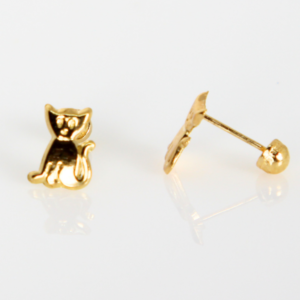 Broquel De Gato Oro 10k Arete Infantil Estuche De Regalo