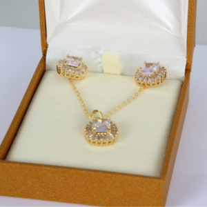 Juego Collar Arete Mujer Laminado Oro Circonia Elegante